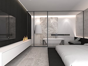Dom jednorodzinny X / Tarnowskie Góry. - Duża beżowa biała czarna szara sypialnia z łazienką, styl minimalistyczny - zdjęcie od A2 STUDIO pracownia architektury