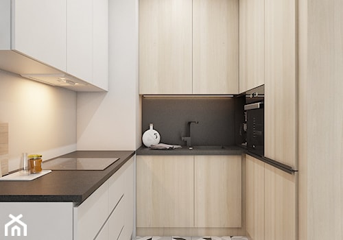 mieszkanie w Katowicach 2018 - Mała z salonem biała czarna z zabudowaną lodówką z podblatowym zlewozmywakiem kuchnia w kształcie litery u z kompozytem na ścianie nad blatem kuchennym, styl nowoczesny - zdjęcie od A2 STUDIO pracownia architektury