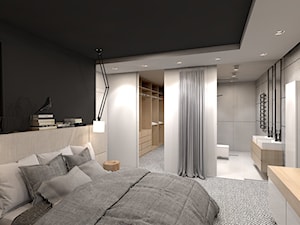 dom jednorodzinny w Ozimku - Średnia biała czarna szara sypialnia z garderobą z łazienką, styl nowoczesny - zdjęcie od A2 STUDIO pracownia architektury