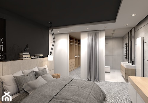 dom jednorodzinny w Ozimku - Średnia biała czarna szara sypialnia z garderobą z łazienką, styl nowo ... - zdjęcie od A2 STUDIO pracownia architektury