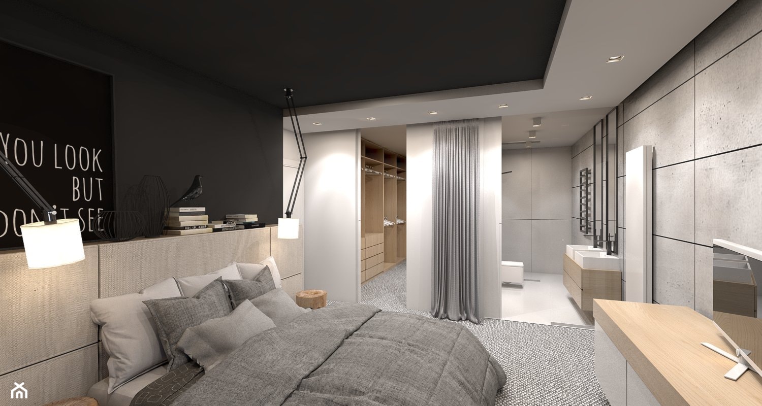 dom jednorodzinny w Ozimku - Średnia biała czarna szara sypialnia z garderobą z łazienką, styl nowo ... - zdjęcie od A2 STUDIO pracownia architektury - Homebook