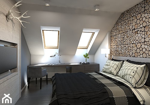 SPA + HOTEL - Średnia biała brązowa szara z biurkiem z panelami tapicerowanymi sypialnia na poddaszu - zdjęcie od A2 STUDIO pracownia architektury
