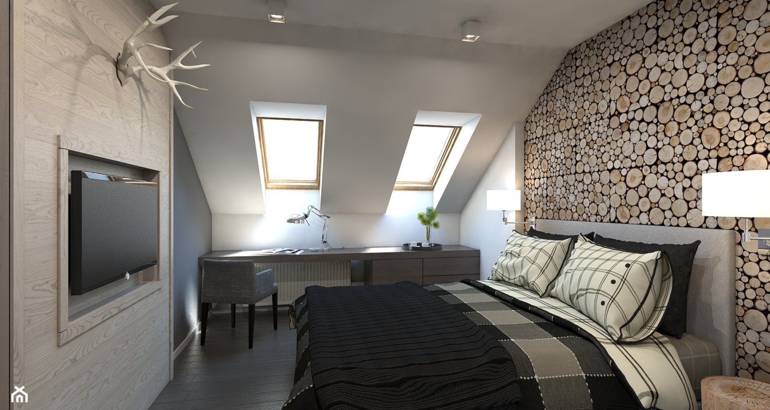SPA + HOTEL - Średnia biała brązowa szara z biurkiem z panelami tapicerowanymi sypialnia na poddaszu - zdjęcie od A2 STUDIO pracownia architektury - Homebook