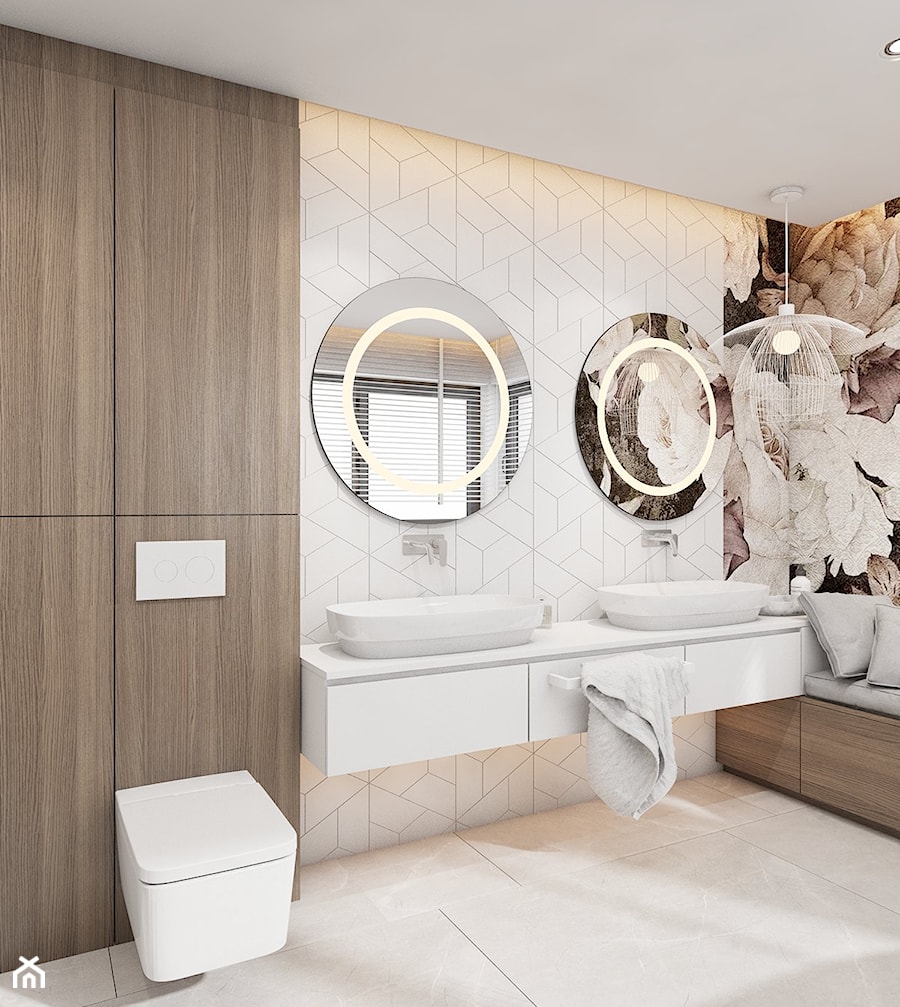 Dom jednorodzinny w Świerklańcu 2017 - Średnia na poddaszu z dwoma umywalkami łazienka z oknem, styl nowoczesny - zdjęcie od A2 STUDIO pracownia architektury