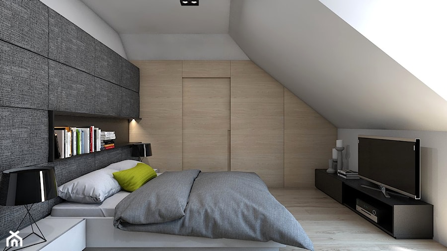 Sypialnia 1 / dom jednorodzinny. - Średnia beżowa biała szara sypialnia na poddaszu, styl nowoczesny - zdjęcie od A2 STUDIO pracownia architektury