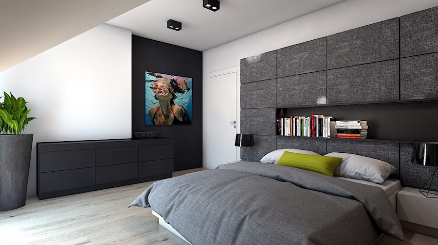 Sypialnia 1 / dom jednorodzinny. - Średnia biała z panelami tapicerowanymi sypialnia na poddaszu, styl nowoczesny - zdjęcie od A2 STUDIO pracownia architektury