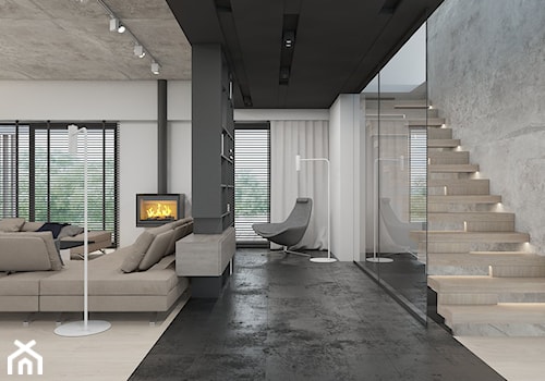 Dom jednorodzinny 2016 Nakło Śląskie - Duży biały czarny szary salon, styl nowoczesny - zdjęcie od A2 STUDIO pracownia architektury