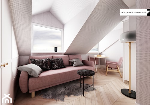PASTELOWY APARTAMENT - Średnie z sofą białe różowe biuro, styl nowoczesny - zdjęcie od LESINSKA CONCEPT