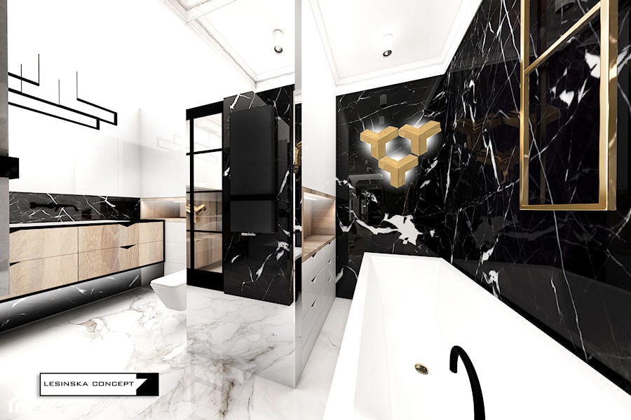 APARTAMENT GDYNIA ART DECO - Średnia bez okna z lustrem z marmurową podłogą z punktowym oświetleniem łazienka, styl nowoczesny - zdjęcie od LESINSKA CONCEPT