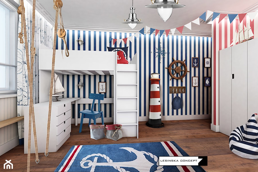 KAMIENICA NA KAMIENNEJ GÓRZE W GDYNI - Średni biały czerwony niebieski pokój dziecka dla dziecka dla chłopca, styl nowoczesny - zdjęcie od LESINSKA CONCEPT