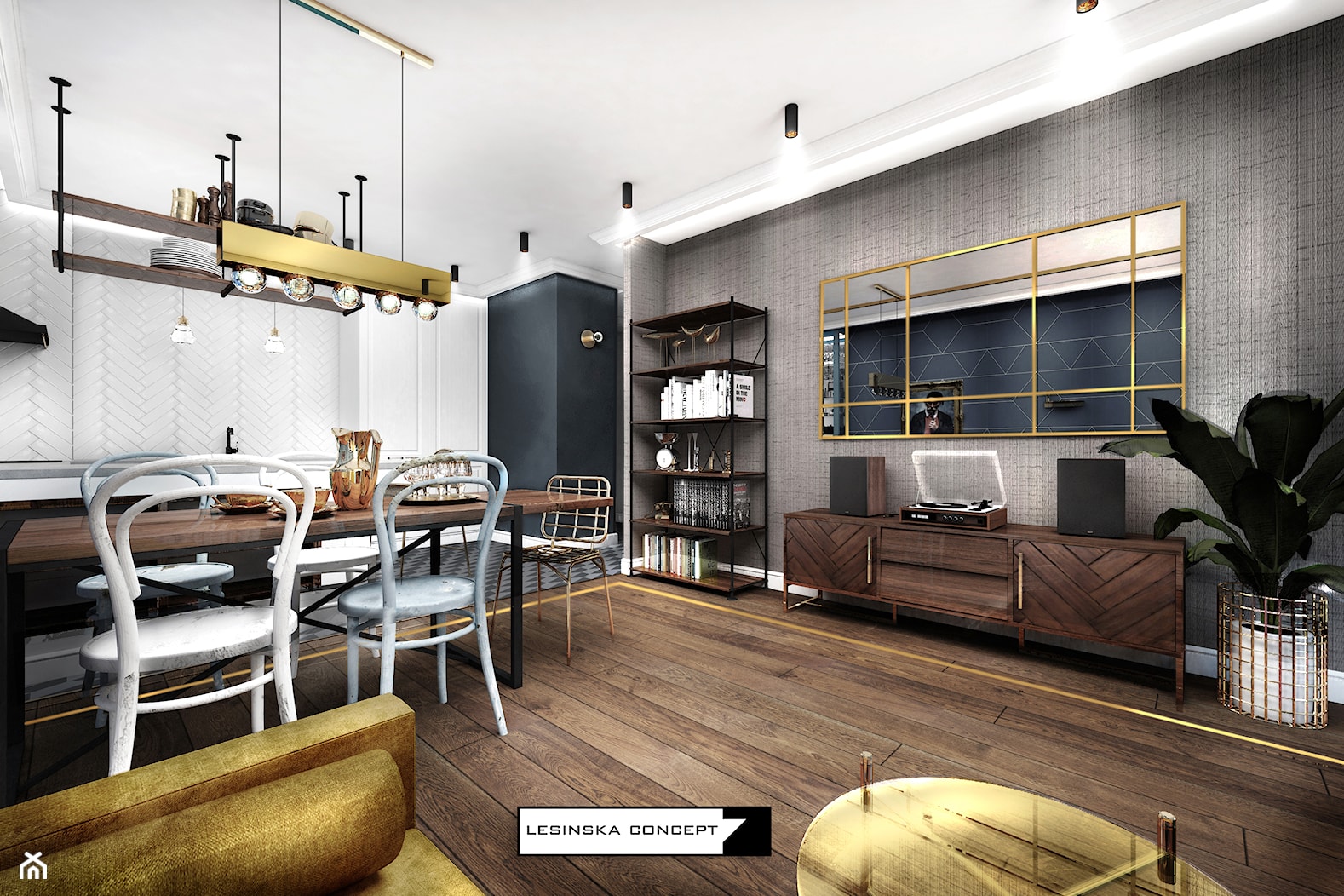 APARTAMENT ALTORIA - Średni biały czarny salon z jadalnią, styl nowoczesny - zdjęcie od LESINSKA CONCEPT - Homebook