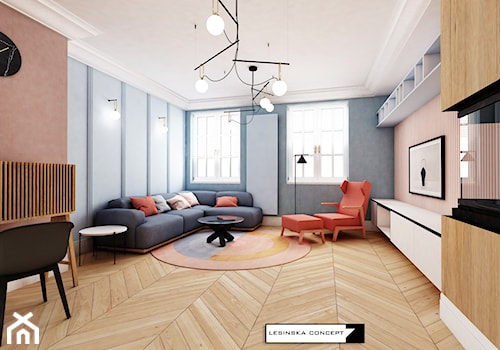 PASTELOWY APARTAMENT - Średni szary salon, styl nowoczesny - zdjęcie od LESINSKA CONCEPT