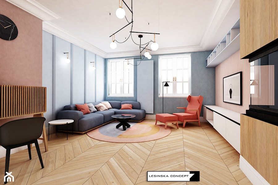 PASTELOWY APARTAMENT - Średni szary salon, styl nowoczesny - zdjęcie od LESINSKA CONCEPT