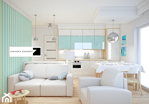MIESZKANIE W BŁĘKITACH - Mały biały niebieski salon z kuchnią z jadalnią, styl nowoczesny - zdjęcie od LESINSKA CONCEPT