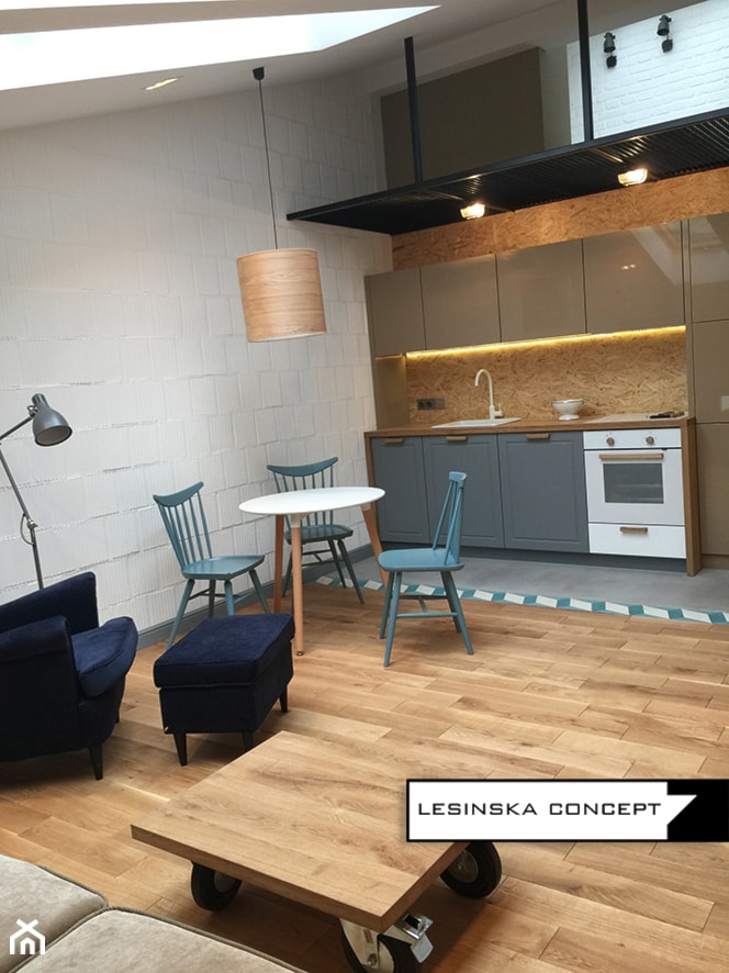 APARTAMENT W KARAKOWIE - Mała otwarta z salonem biała z zabudowaną lodówką kuchnia jednorzędowa, styl industrialny - zdjęcie od LESINSKA CONCEPT