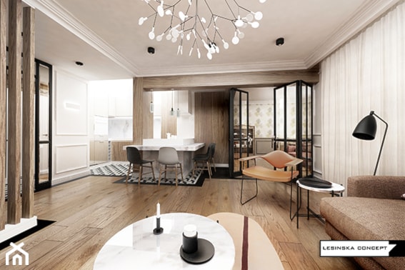 TRANSATLANTYK - Średni biały salon z jadalnią, styl glamour - zdjęcie od LESINSKA CONCEPT - Homebook