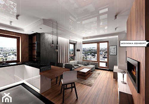 APARTAMENT ORZECH - Średni szary salon z kuchnią z jadalnią z tarasem / balkonem, styl nowoczesny - zdjęcie od LESINSKA CONCEPT