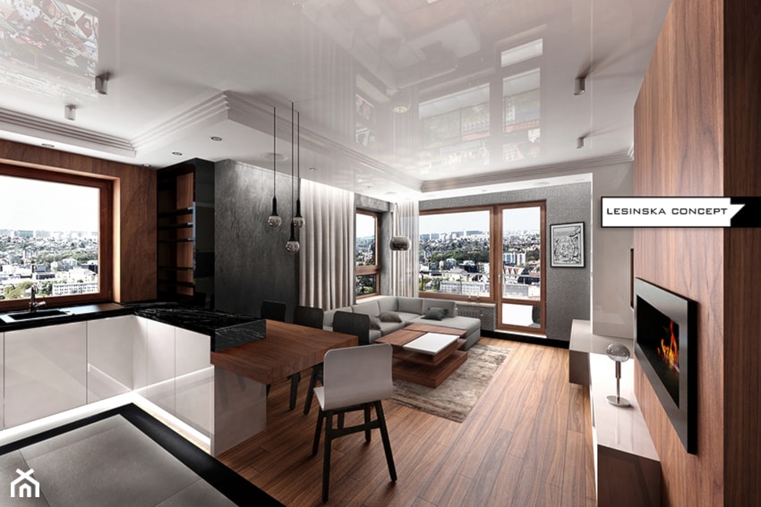 APARTAMENT ORZECH - Średni szary salon z kuchnią z jadalnią z tarasem / balkonem, styl nowoczesny - zdjęcie od LESINSKA CONCEPT