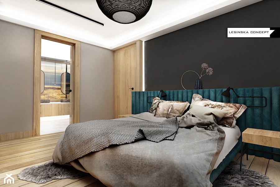 DOM W DYLEWIE - Średnia czarna szara sypialnia z łazienką, styl nowoczesny - zdjęcie od LESINSKA CONCEPT