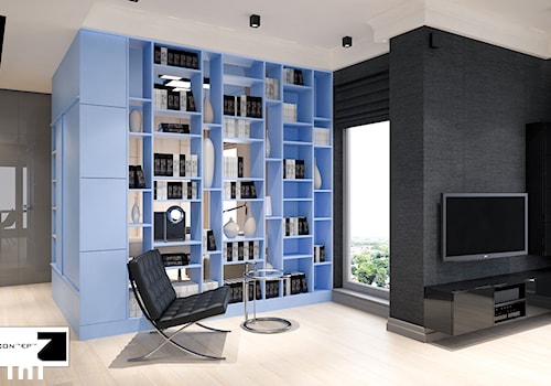 APARTAMENT PONADCZASOWY SZARY - Mały niebieski szary salon z bibiloteczką, styl nowoczesny - zdjęcie od LESINSKA CONCEPT