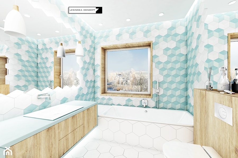 DOM JEDNORODZINY - Średnia na poddaszu łazienka z oknem, styl nowoczesny - zdjęcie od LESINSKA CONCEPT