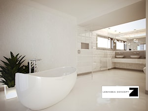 BIAŁY MODERNIZM GDYŃSKI - Duża jako pokój kąpielowy z dwoma umywalkami łazienka z oknem, styl minim ... - zdjęcie od LESINSKA CONCEPT