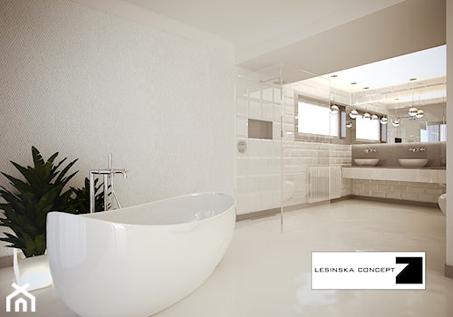 BIAŁY MODERNIZM GDYŃSKI - Duża jako pokój kąpielowy z dwoma umywalkami łazienka z oknem, styl minimalistyczny - zdjęcie od LESINSKA CONCEPT