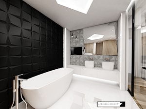 DOM JEDNORODZINY - Średnia na poddaszu bez okna z dwoma umywalkami łazienka, styl nowoczesny - zdjęcie od LESINSKA CONCEPT