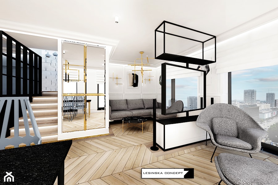 APARTAMENT GDYNIA ART DECO - Mały szary salon z jadalnią, styl nowoczesny - zdjęcie od LESINSKA CONCEPT