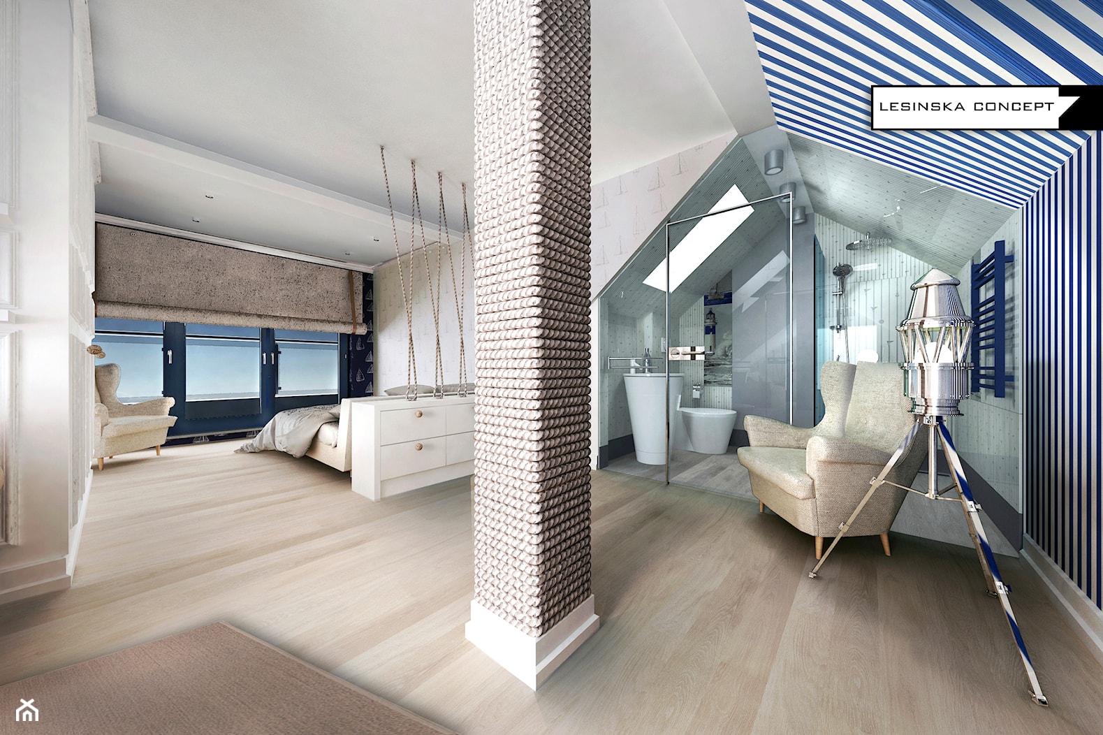 NAD MORZEM - Duża biała sypialnia na poddaszu z łazienką z balkonem / tarasem, styl nowoczesny - zdjęcie od LESINSKA CONCEPT - Homebook