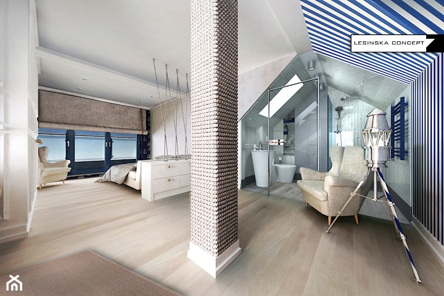 NAD MORZEM - Duża biała sypialnia na poddaszu z łazienką z balkonem / tarasem, styl nowoczesny - zdjęcie od LESINSKA CONCEPT