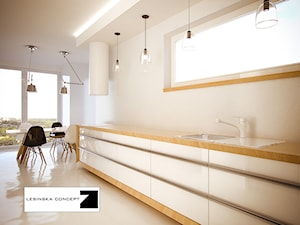 Otwarta beżowa biała z podblatowym zlewozmywakiem kuchnia jednorzędowa, styl minimalistyczny - zdjęcie od LESINSKA CONCEPT