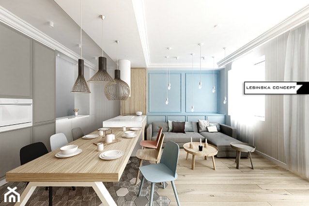 SKANDYNAWSKIE PASTELE - Średnia otwarta z salonem biała z zabudowaną lodówką kuchnia jednorzędowa, styl skandynawski - zdjęcie od LESINSKA CONCEPT