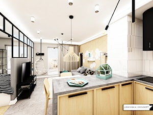 KAWALERKA GDYNIA - Średnia otwarta z salonem z kamiennym blatem biała z zabudowaną lodówką kuchnia w kształcie litery l z oknem, styl nowoczesny - zdjęcie od LESINSKA CONCEPT