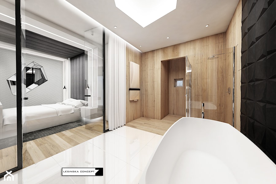 DOM JEDNORODZINY - Duża na poddaszu bez okna łazienka, styl minimalistyczny - zdjęcie od LESINSKA CONCEPT