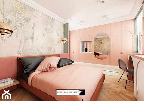 PASTELOWY APARTAMENT - Duża beżowa zielona z biurkiem sypialnia, styl nowoczesny - zdjęcie od LESINSKA CONCEPT