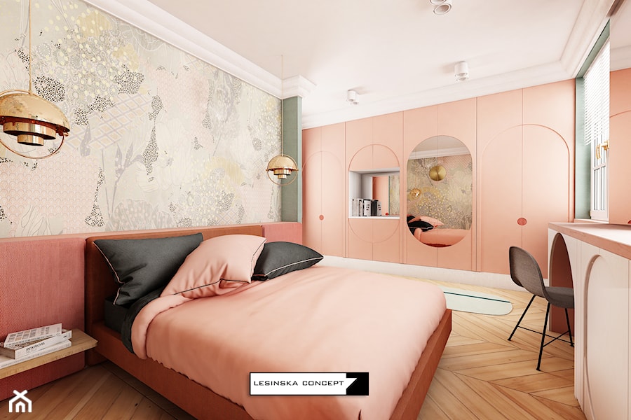 PASTELOWY APARTAMENT - Duża beżowa zielona z biurkiem sypialnia, styl nowoczesny - zdjęcie od LESINSKA CONCEPT