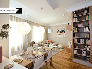 APARTAMENT POKAZOWY - Średni beżowy salon z kuchnią z jadalnią, styl skandynawski - zdjęcie od LESINSKA CONCEPT