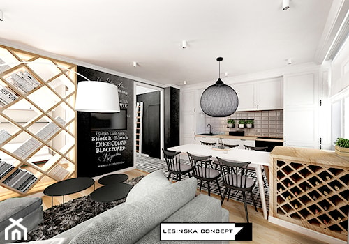 APARTAMENT SKANDYNAWSKI - Średnia biała czarna jadalnia w salonie w kuchni, styl skandynawski - zdjęcie od LESINSKA CONCEPT