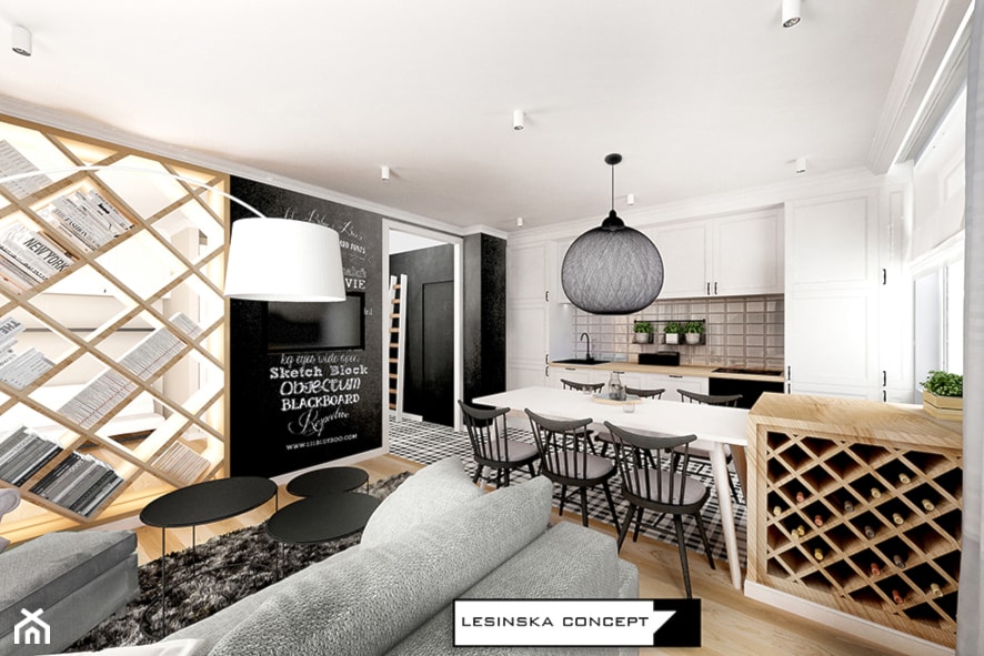 APARTAMENT SKANDYNAWSKI - Średnia biała czarna jadalnia w salonie w kuchni, styl skandynawski - zdjęcie od LESINSKA CONCEPT
