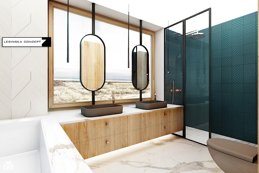 DOM W DYLEWIE - Duża z dwoma umywalkami łazienka z oknem, styl nowoczesny - zdjęcie od LESINSKA CONCEPT