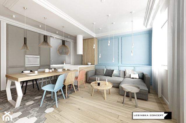 SKANDYNAWSKIE PASTELE - Średni niebieski salon z kuchnią z jadalnią, styl skandynawski - zdjęcie od LESINSKA CONCEPT