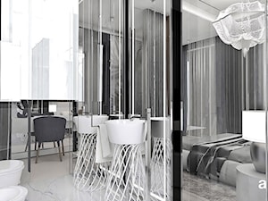 COUNT TO THREE | Wnętrza apartamentu - Mała na poddaszu bez okna z lustrem z dwoma umywalkami z marmurową podłogą łazienka, styl nowoczesny - zdjęcie od ARTDESIGN architektura wnętrz