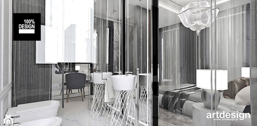 COUNT TO THREE | Wnętrza apartamentu - Mała na poddaszu bez okna z lustrem z dwoma umywalkami z marmurową podłogą łazienka, styl nowoczesny - zdjęcie od ARTDESIGN architektura wnętrz