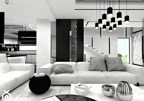 LITTLE BY LITTLE | I | Wnętrza domu - Duży biały czarny szary salon z jadalnią z barkiem, styl nowoczesny - zdjęcie od ARTDESIGN architektura wnętrz