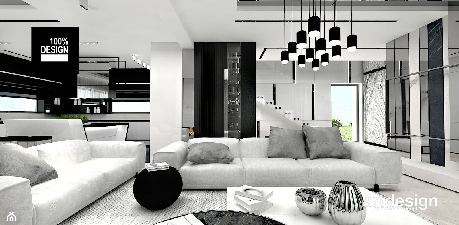 LITTLE BY LITTLE | I | Wnętrza domu - Duży biały czarny szary salon z jadalnią z barkiem, styl nowoczesny - zdjęcie od ARTDESIGN architektura wnętrz - Homebook