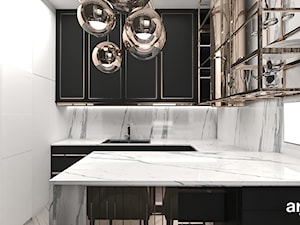 TAKE THE BULL BY THE HORNS | Wnętrza apartamentu - Średnia otwarta szara z zabudowaną lodówką z nablatowym zlewozmywakiem kuchnia w kształcie litery g z marmurem nad blatem kuchennym, styl nowoczesny - zdjęcie od ARTDESIGN architektura wnętrz