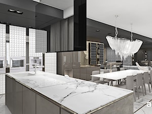 GOLDFINGER | Wnętrza apartamentu - Duża otwarta z salonem z kamiennym blatem szara z zabudowaną lodówką z podblatowym zlewozmywakiem kuchnia w kształcie litery l z oknem, styl nowoczesny - zdjęcie od ARTDESIGN architektura wnętrz