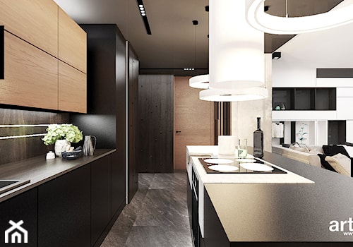 LOOK #61 | Wnętrza apartamentu - Duża otwarta brązowa z zabudowaną lodówką z podblatowym zlewozmywakiem kuchnia dwurzędowa z wyspą lub półwyspem, styl nowoczesny - zdjęcie od ARTDESIGN architektura wnętrz