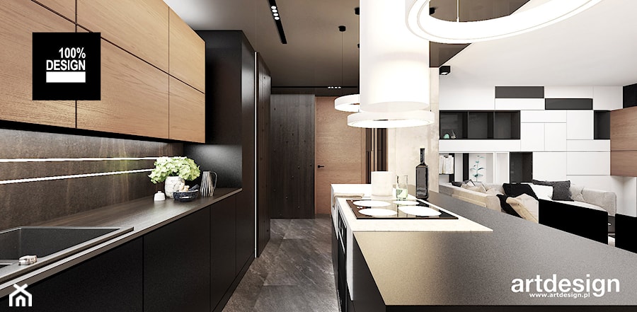 LOOK #61 | Wnętrza apartamentu - Duża otwarta brązowa z zabudowaną lodówką z podblatowym zlewozmywakiem kuchnia dwurzędowa z wyspą lub półwyspem, styl nowoczesny - zdjęcie od ARTDESIGN architektura wnętrz